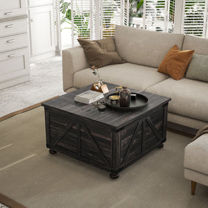 Farmhouse style coffee table with hinged lids, distressed brown