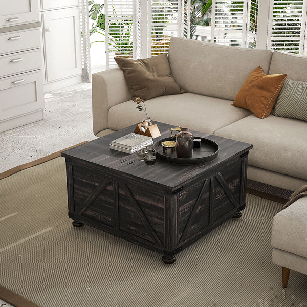 Farmhouse style coffee table with hinged lids, distressed brown