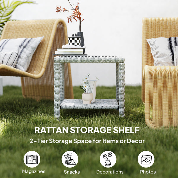 48cm Outdoor Wicker Coffee Table with Glass Top and Storage Shelf for Garden, Porch, Balcony, Patio, Dark Grey