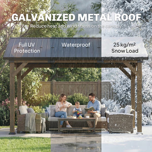 Rigid garden canopy with galvanized steel roof, fir wood frame and central patio hook, black and gray