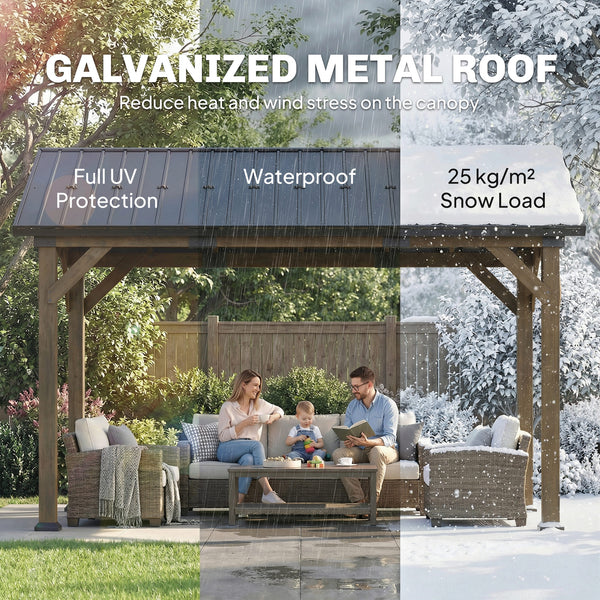 Rigid garden canopy with galvanized steel roof, fir wood frame and central patio hook, black and gray