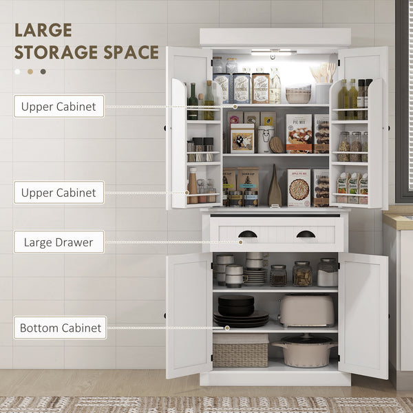 71" Kitchen pantry with LED lighting, 6 spice racks, 1 drawer and 4 adjustable shelves, white