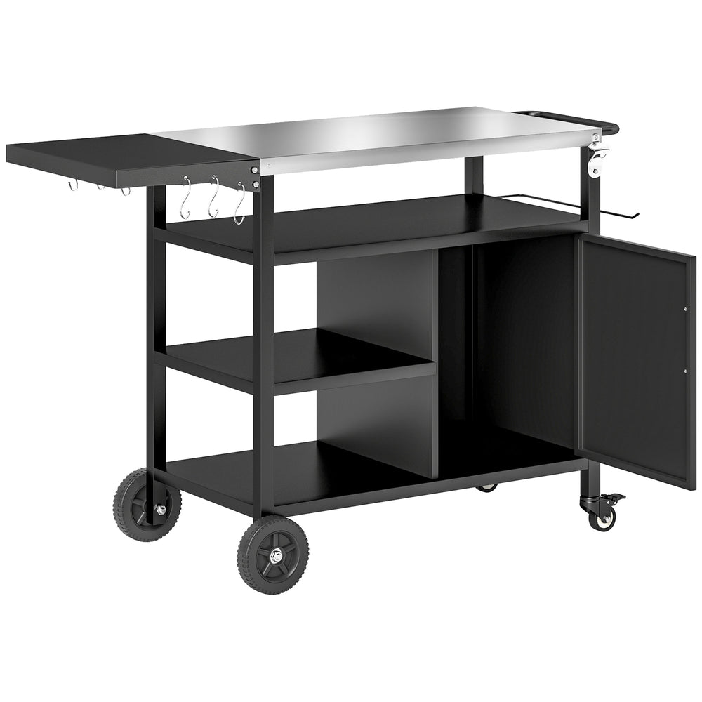 Outdoor BBQ Stand with Foldable Side Table, Stainless Steel Top, Pizza Oven Table with Wheels Hooks Shelves