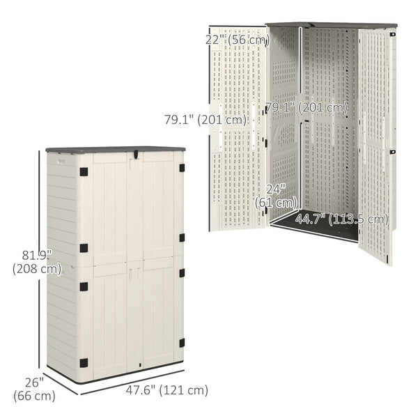 Outdoor storage cabinet with hinged lid and lockable doors