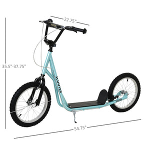 Scooter with 16-inch inflatable wheels and double brakes, pale blue