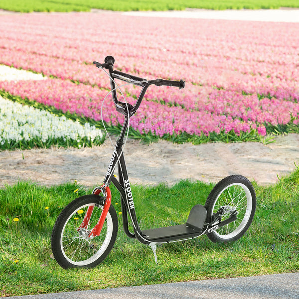Scooter with 16-inch inflatable wheels and double brakes, black
