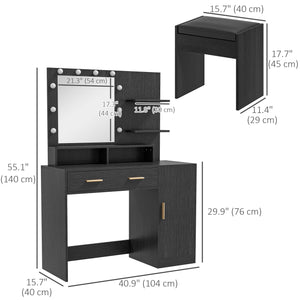 LED Lighted Dressing Table with Stool, Drawer and Shelves, Black 