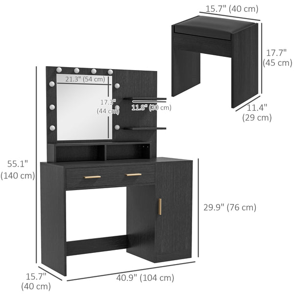 LED Lighted Dressing Table with Stool, Drawer and Shelves, Black 