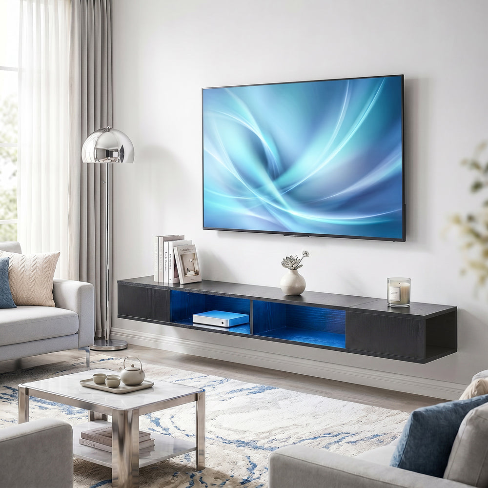 70" Floating Wall-Mounted TV Stand with RGB LED Lighting and 4 Compartments – Black Wood Effect