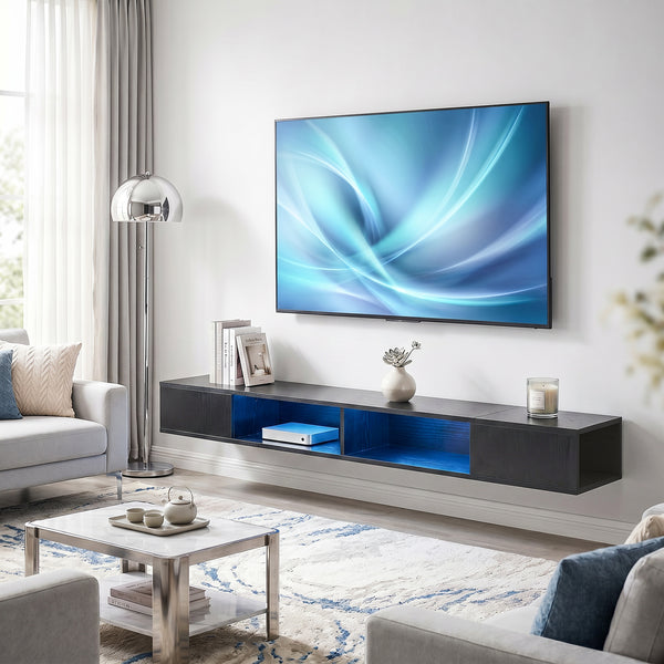 70" Floating Wall-Mounted TV Stand with RGB LED Lighting and 4 Compartments – Black Wood Effect