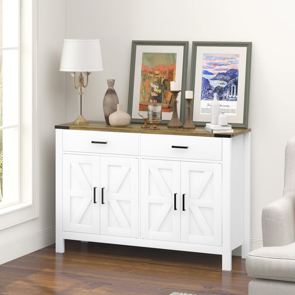Farmhouse style sideboard with 2 drawers, 2 storage compartments and adjustable shelves, white