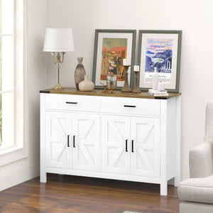 Farmhouse style sideboard with 2 drawers, 2 storage compartments and adjustable shelves, white