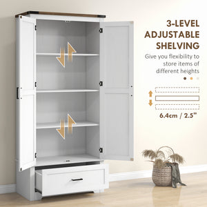 Country style pantry cabinet with 2 doors, drawer and adjustable shelves, white