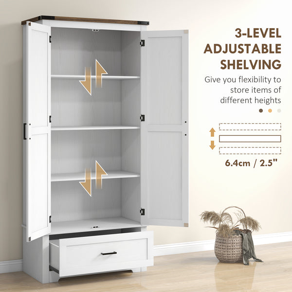Country style pantry cabinet with 2 doors, drawer and adjustable shelves, white