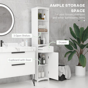 Tall white wooden bathroom storage cabinet