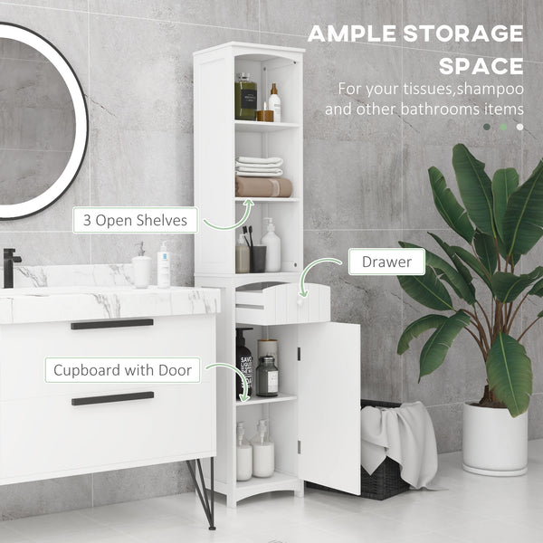 Tall white wooden bathroom storage cabinet