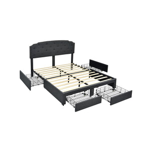 Queen Size platform bed frame with adjustable headboard and 4 storage drawers