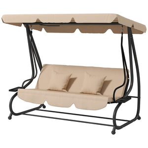 3-seater outdoor swing, convertible into a flat bed with adjustable shade, removable cushions, cup holder, light brown