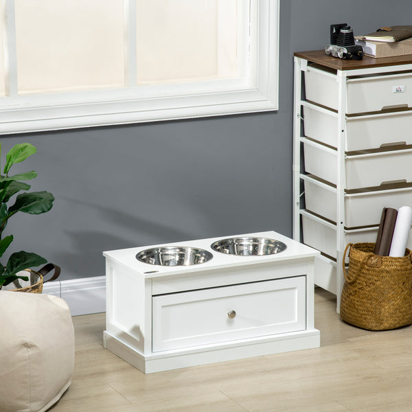 Raised Dog Bowls with Storage Drawer for Large Dogs, White