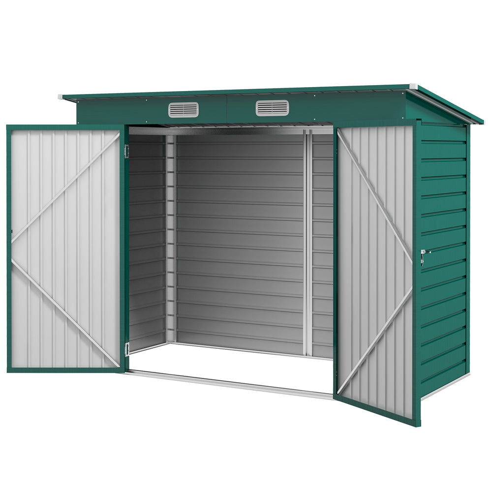 Galvanized metal garden shed with double door and 2 vents, green