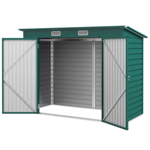 Galvanized metal garden shed with double door and 2 vents, green