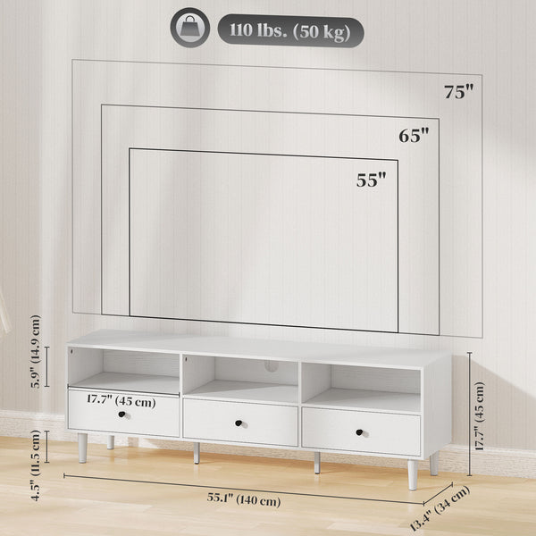 TV stand up to 75 inches with 3 storage shelves and 3 drawers, white