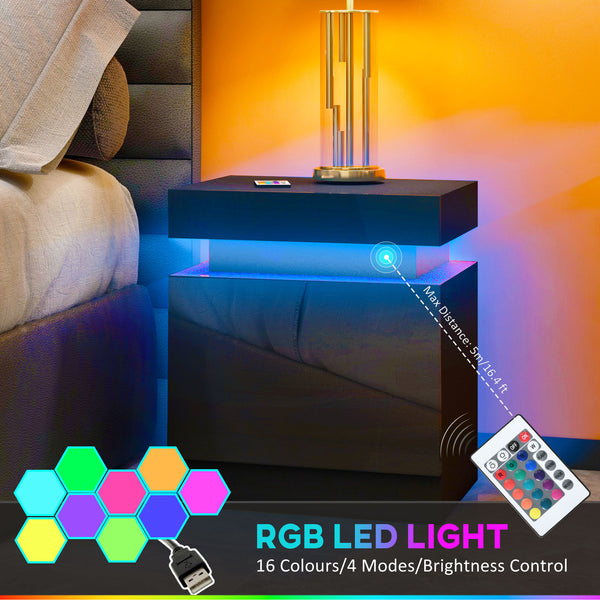 Bedside table with LED lighting and 2 drawers, black