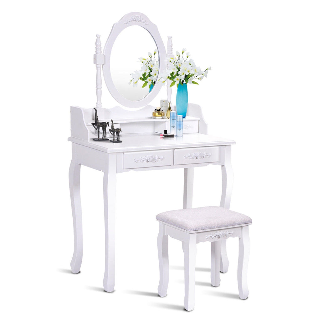 Wooden vanity set with oval mirror and 4 drawers for children, white