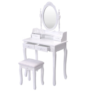 Wooden vanity set with oval mirror and 4 drawers for children, white