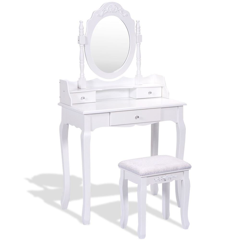 Dressing table set with padded stool, 360° rotating oval mirror and three drawers - White