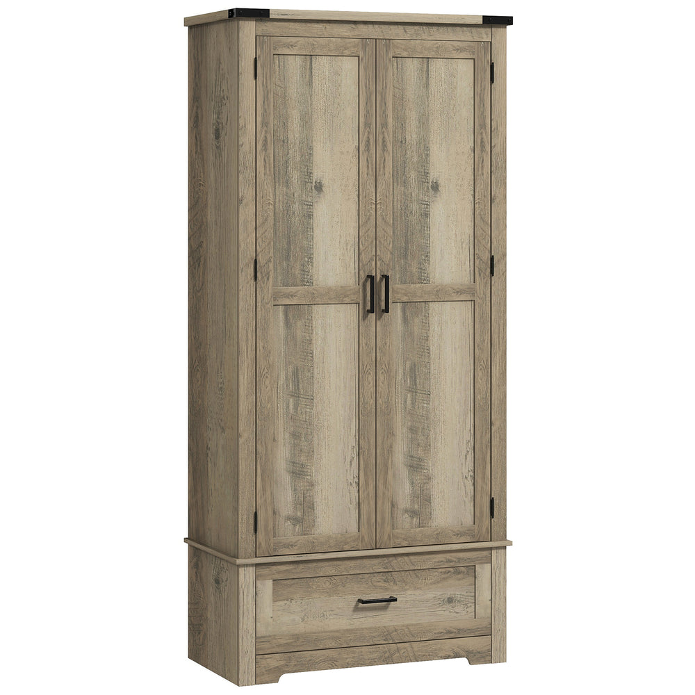 Country style pantry cabinet with 2 doors, drawer and adjustable shelves, grey-beige