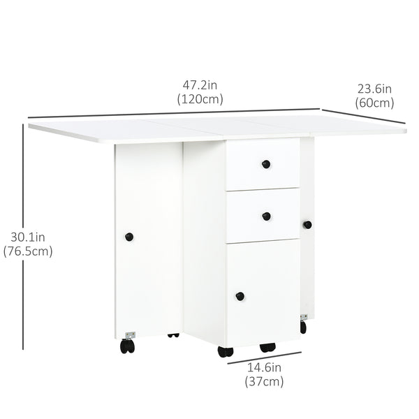 Folding dining table with drawers and storage cupboard, white