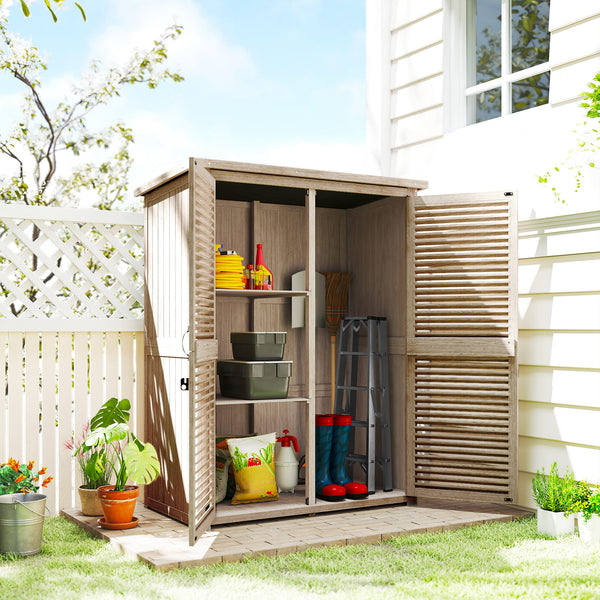 Wooden garden shed with waterproof asphalt roof, shelves, natural color