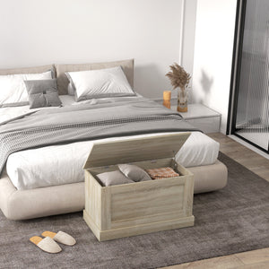 Storage trunk with safety hinge, natural wood look