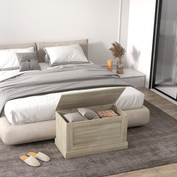 Storage trunk with safety hinge, natural wood look