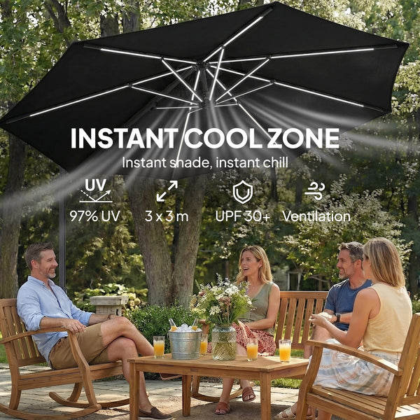 3m Cantilever Parasol with Solar Lighting, 360° Rotation, Tilt and Protective Cover, Black
