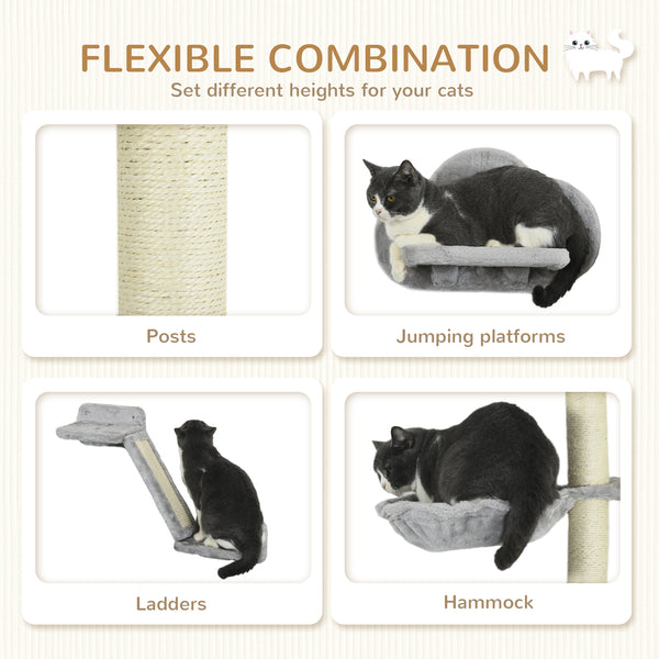 Cat shelves with hammock, scratching post and platforms, grey