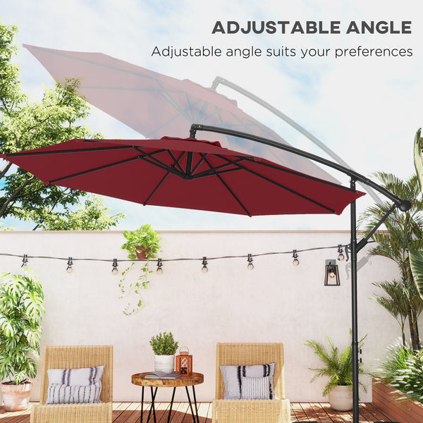 3m Hanging Garden Parasol, Offset, Banana, with Base and Crank, Wine Red