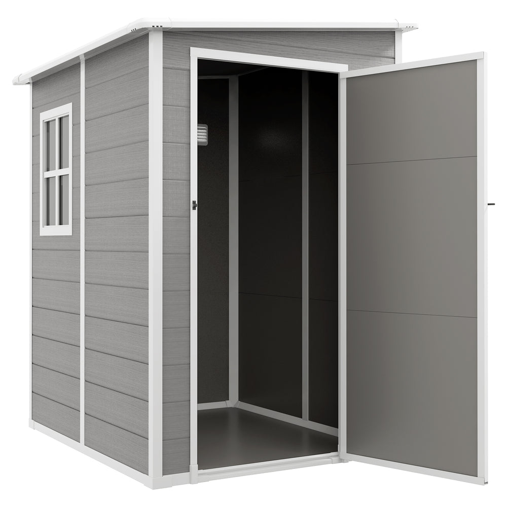 Lean-to garden shed with window, ventilation and plastic roof, grey