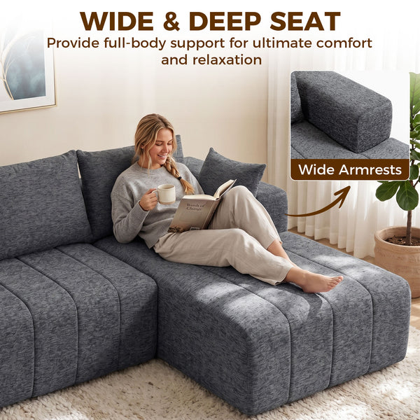 Grey convertible sectional sofa bed with chaise longue and pocket springs, grey