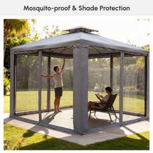 10' x 10' Patio Gazebo Outdoor Pavilion 2 Tire Roof Canopy Shelter Garden Event Party Tent Yard Sun Shade Steel Frame w/ Mosquito Netting Grey