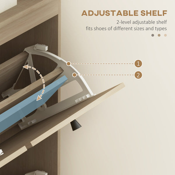 Hallway shoe cabinet with 4 drop-down drawers and adjustable shelves for 20 pairs of shoes, oak