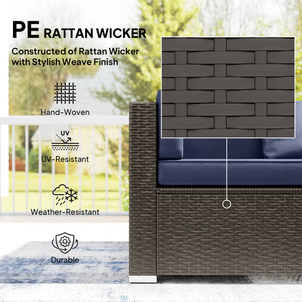 7-piece braided resin garden set with coffee table, rattan corner sofa, navy blue