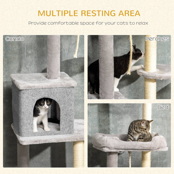 Adjustable Height Cat Tree, Cat Climbing Center with Scratching Posts, Cozy Bed, Grey