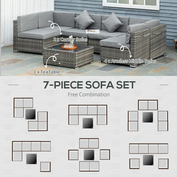 7pc Garden Wicker Sectional Set w/ Tea Table Patio Rattan Lounge Sofa Outdoor Deck Furniture Light Grey