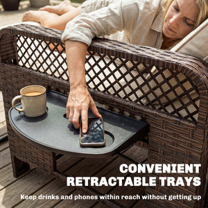 Double patio lounge chairs with cushions, PE wicker, adjustable backrest and side tables, brown/cream