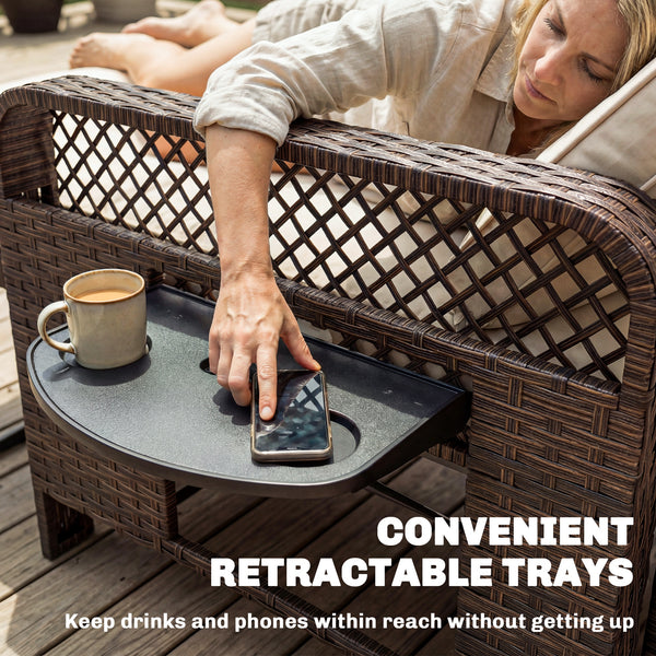 Double patio lounge chairs with cushions, PE wicker, adjustable backrest and side tables, brown/cream