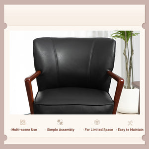 Faux leather upholstered accent chair with wooden legs and wide seat, black
