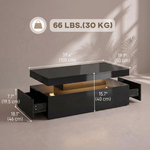 Table basse avec rangement à 2 niveaux et 2 tiroirs pour salon, noir brillant