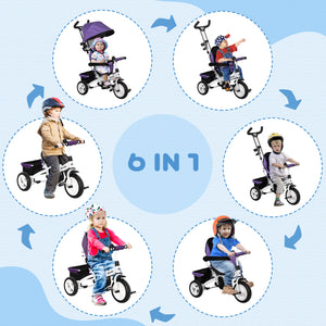 6 in 1 Tricycle with Basket, Canopy, 5-Point Safety Harness, Purple